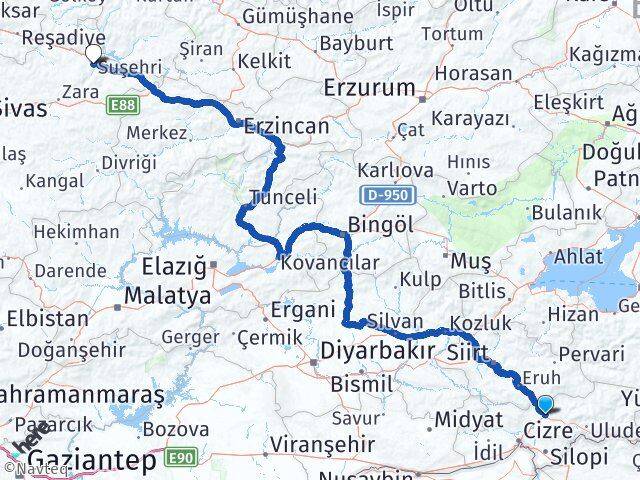 Şırnak Suşehri Sivas Arası Kaç Km - Yol Haritası