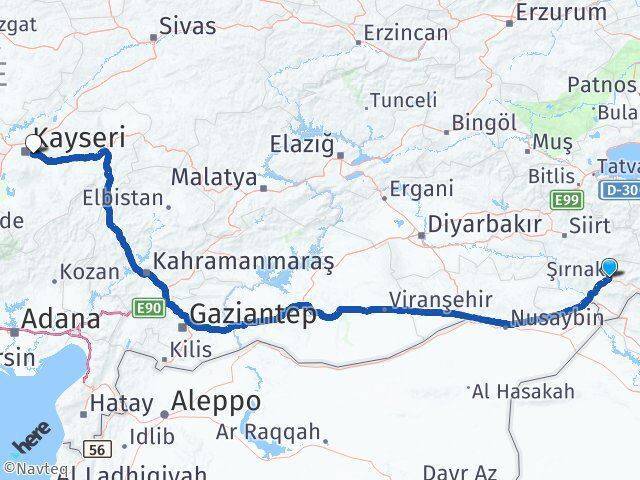 Şırnak Talas Arası Kaç Km - Yol Tarifi