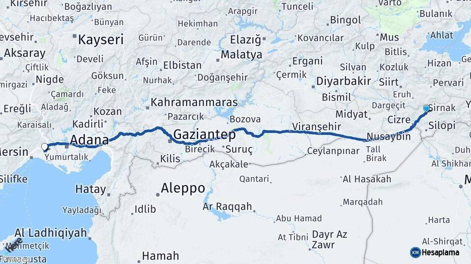 Şırnak Tarsus Mersin Arası Kaç Km - Yol Haritası