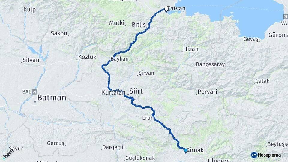 Şırnak Tatvan Bitlis Arası Kaç Km - Yol Haritası