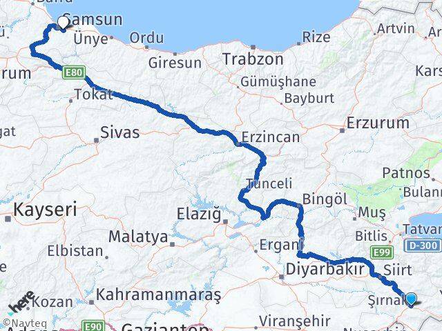 Şırnak Tekkeköy Samsun Arası Kaç Km - Yol Haritası