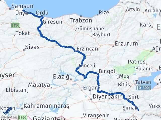 Şırnak Terme Samsun Arası Kaç Km - Yol Haritası