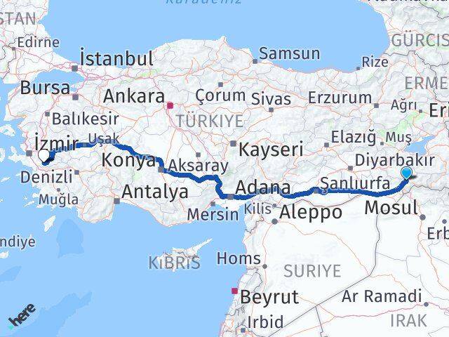 Şırnak Tire İzmir Arası Kaç Km - Yol Haritası