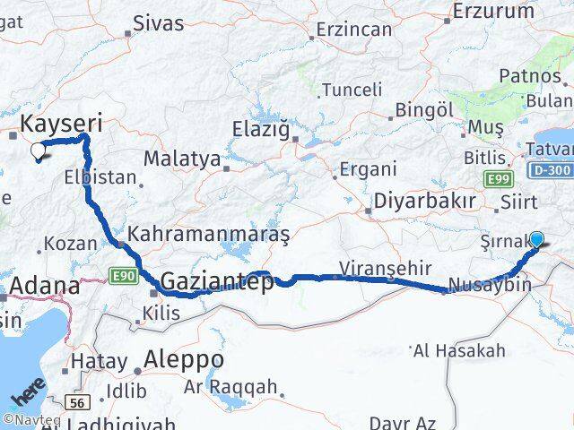 Şırnak Tomarza Kayseri Arası Kaç Km - Yol Haritası