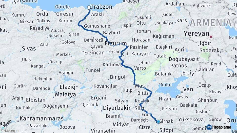 Şırnak Trabzon Arası Kaç Km - Yol Haritası