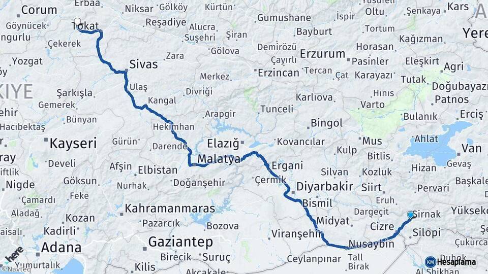Şırnak Turhal Tokat Arası Kaç Km - Yol Haritası