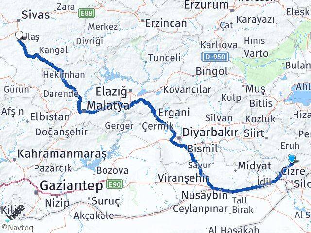Şırnak Ulaş Sivas Arası Kaç Km - Yol Haritası