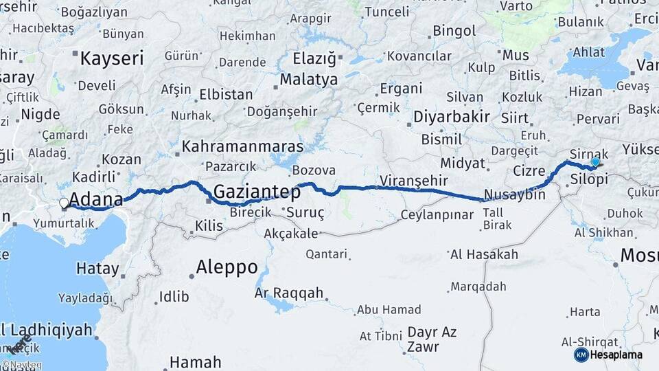 Şırnak Uludere Adana Arası Kaç Km - Yol Haritası