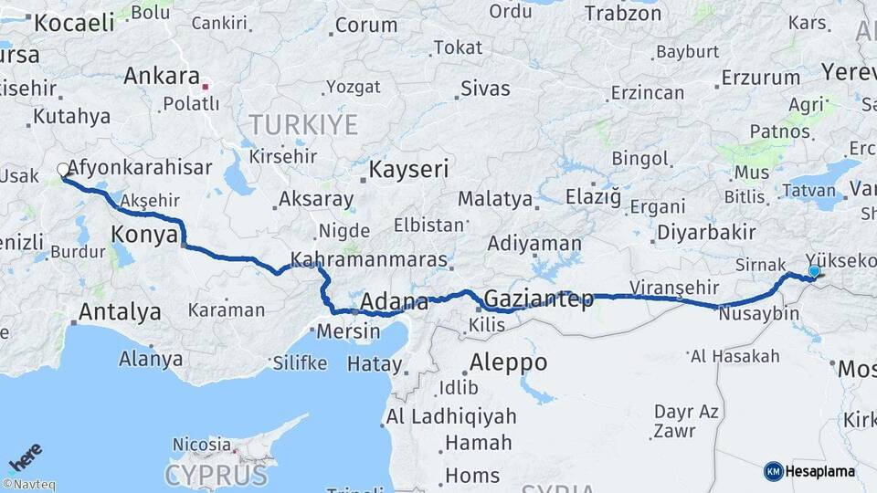 Şırnak Uludere Afyonkarahisar Arası Kaç Km - Yol Haritası