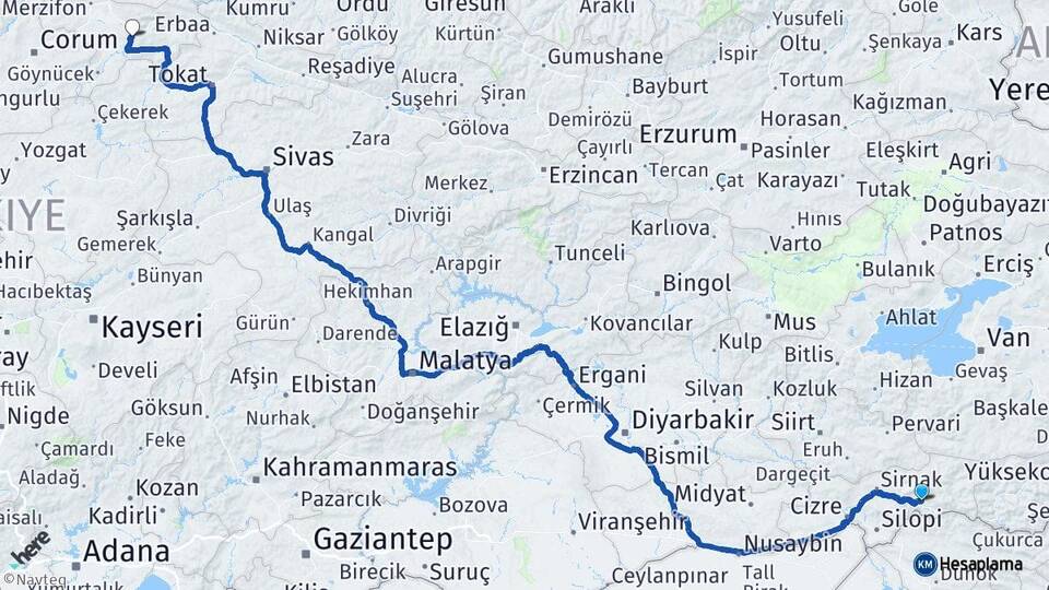 Şırnak Uludere Amasya Arası Kaç Km - Yol Haritası