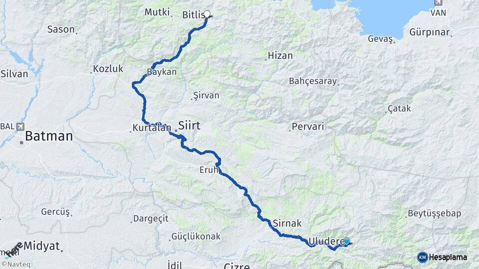 Şırnak Uludere Bitlis Arası Kaç Km - Yol Haritası