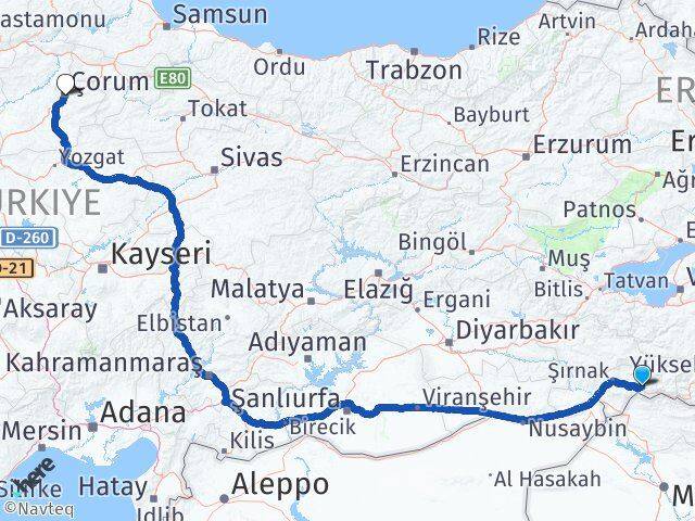 Şırnak Uludere Çorum Arası Kaç Km - Yol Haritası