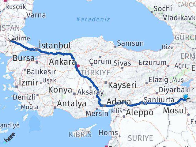 Şırnak Uludere Edirne Arası Kaç Km - Yol Haritası