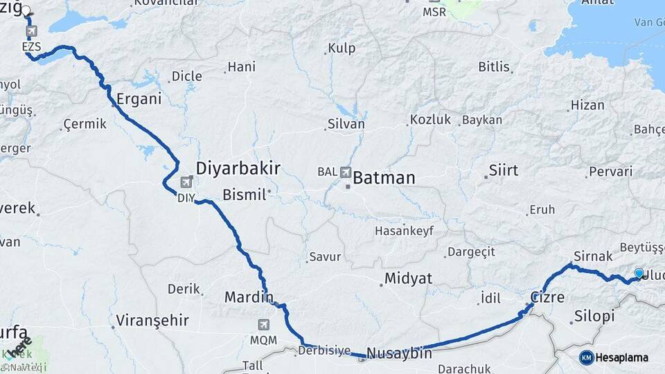 Şırnak Uludere Elazığ Arası Kaç Km - Yol Haritası