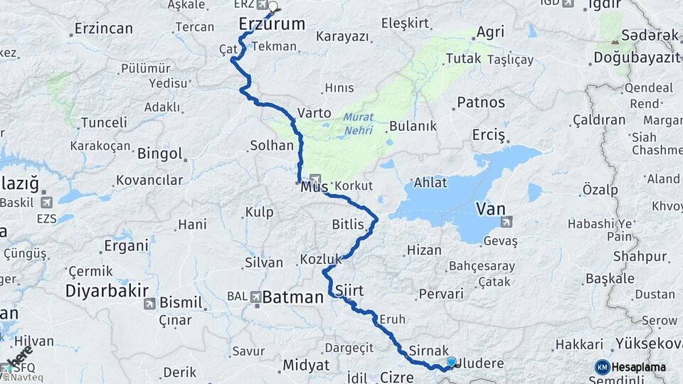 Şırnak Uludere Erzurum Arası Kaç Km - Yol Haritası