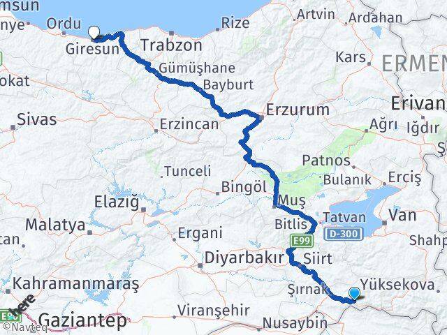 Şırnak Uludere Giresun Arası Kaç Km - Yol Haritası