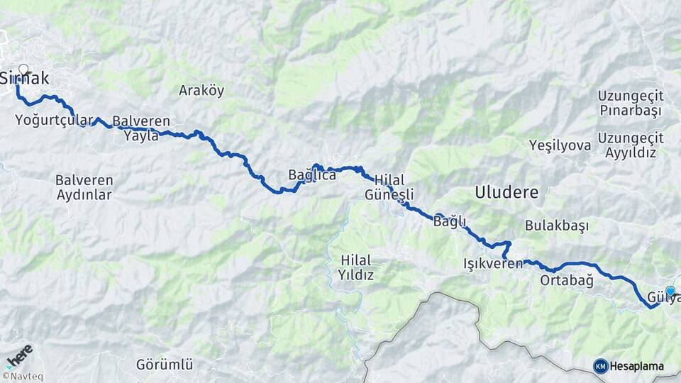 Şırnak Uludere Gülyazı Arası Kaç Km - Yol Haritası