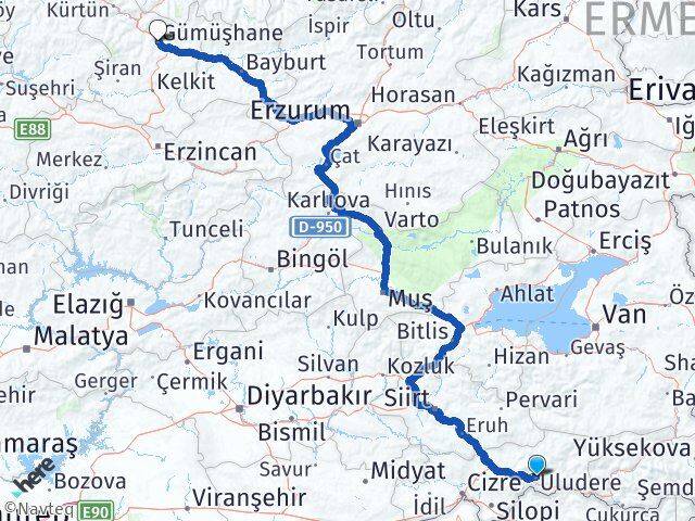 Şırnak Uludere Gümüşhane Arası Kaç Km - Yol Haritası