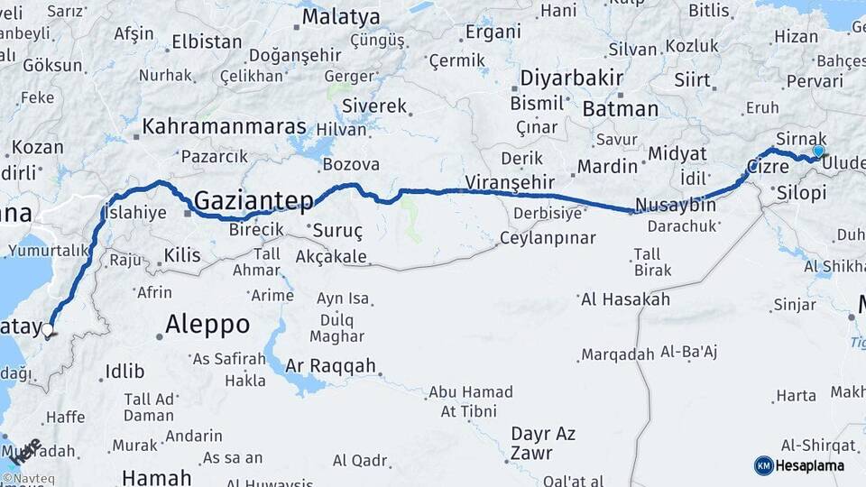 Şırnak Uludere Hatay Arası Kaç Km - Yol Haritası