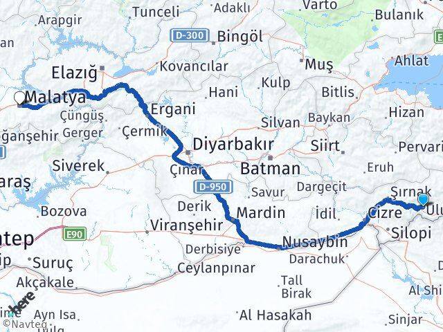 Şırnak Uludere Malatya Arası Kaç Km - Yol Haritası