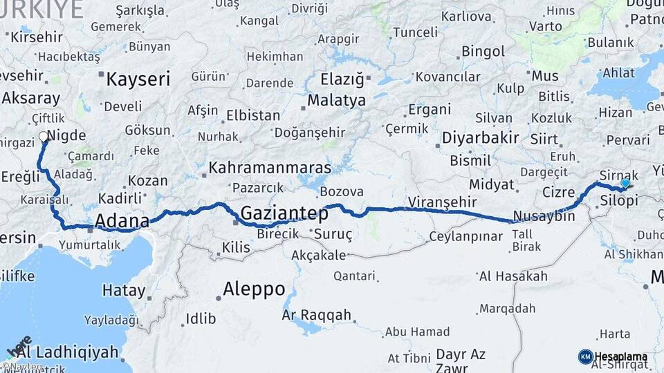 Şırnak Uludere Niğde Arası Kaç Km - Yol Haritası