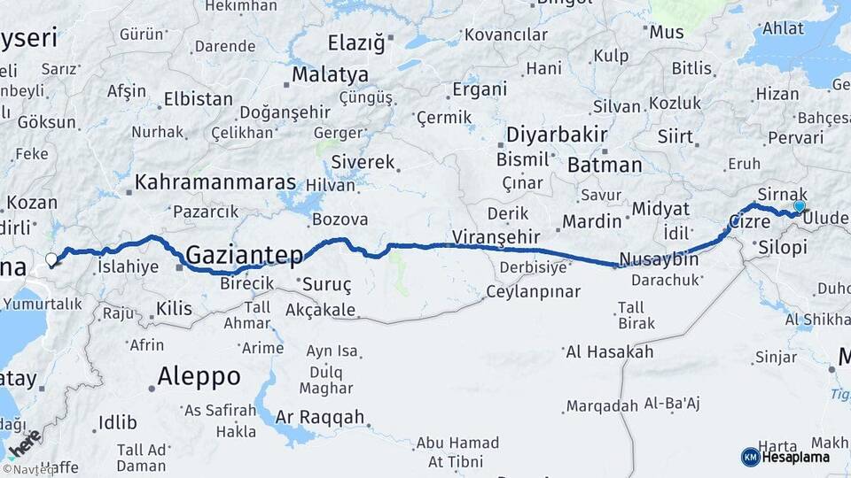 Şırnak Uludere Osmaniye Arası Kaç Km - Yol Haritası