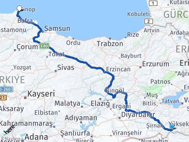 Şırnak Uludere Sinop Arası Kaç Km - Yol Haritası