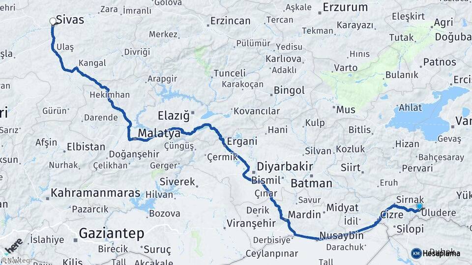 Şırnak Uludere Sivas Arası Kaç Km - Yol Haritası