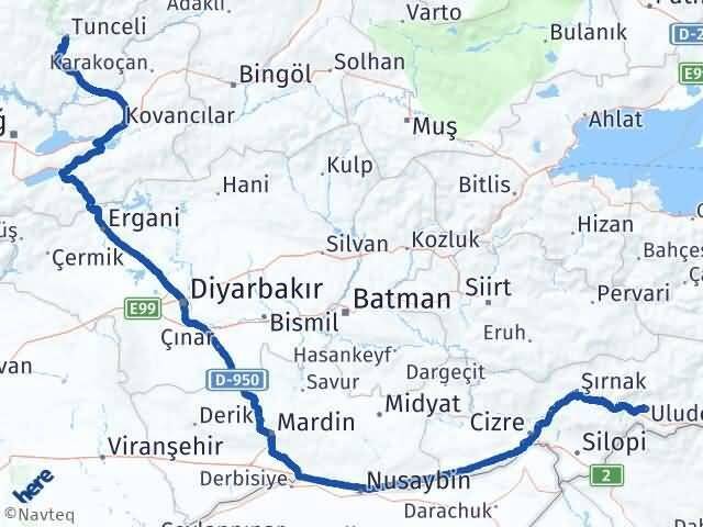 Şırnak Uludere Tunceli Arası Kaç Km - Yol Haritası