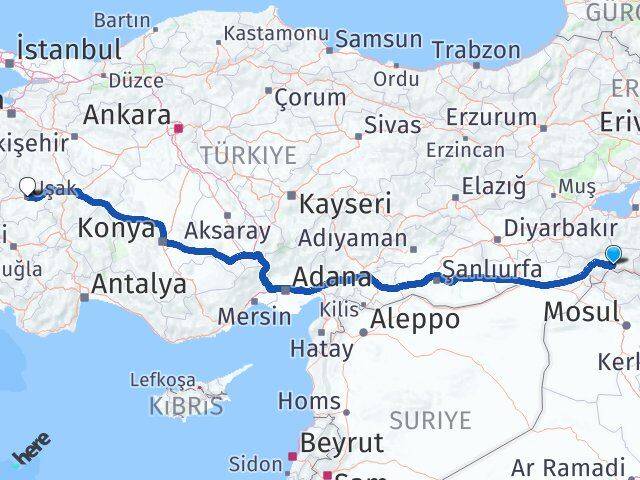 Şırnak Uludere Uşak Arası Kaç Km - Yol Haritası