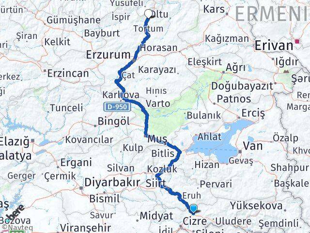 Şırnak Uzundere Erzurum Arası Kaç Km - Yol Haritası