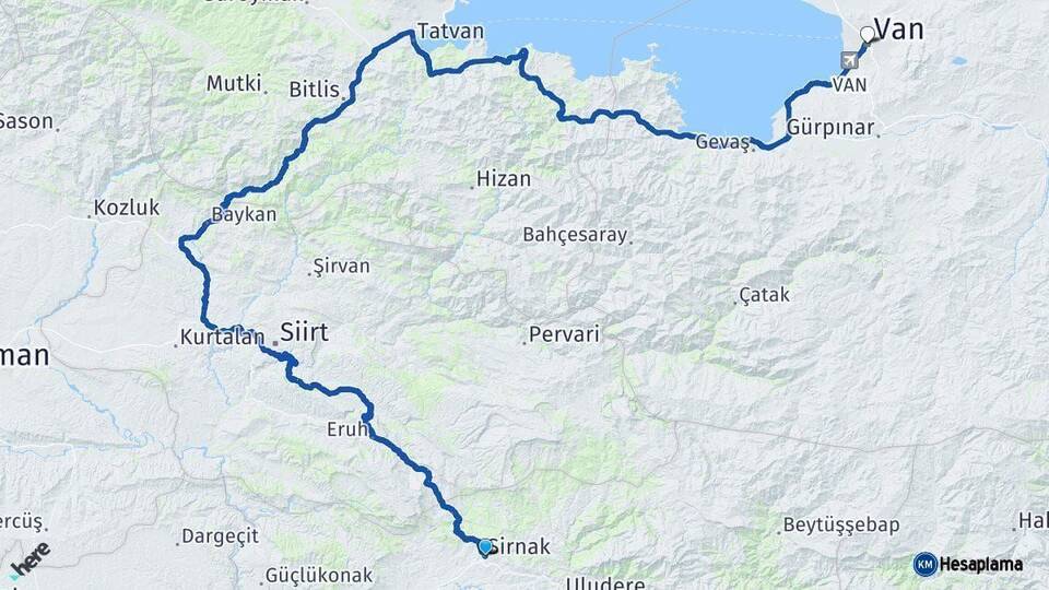 Şırnak Van Arası Kaç Km - Yol Haritası