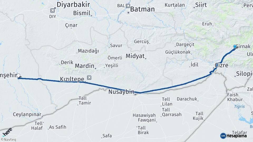 Şırnak Viranşehir Şanlıurfa Arası Kaç Km - Yol Haritası