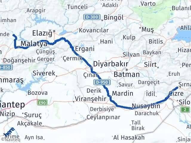 Şırnak Yazıhan Malatya Arası Kaç Km - Yol Haritası