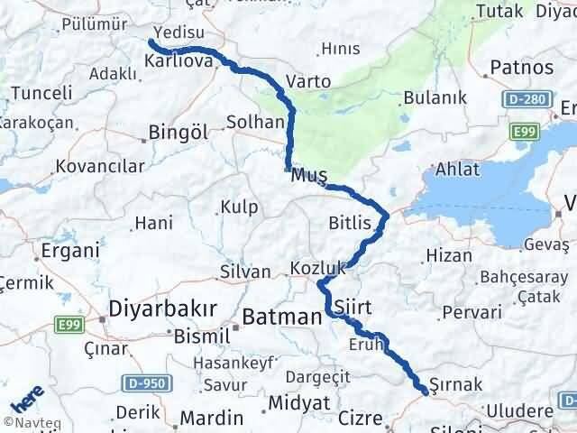 Şırnak Yedisu Bingöl Arası Kaç Km - Yol Haritası
