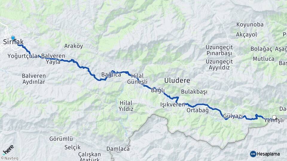 Şırnak Yemişli Uludere Arası Kaç Km - Yol Haritası