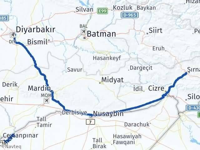 Şırnak Yenişehir Diyarbakır Arası Kaç Km - Yol Haritası