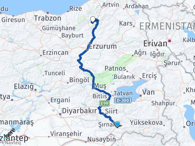 Şırnak Yusufeli Artvin Arası Kaç Km - Yol Haritası