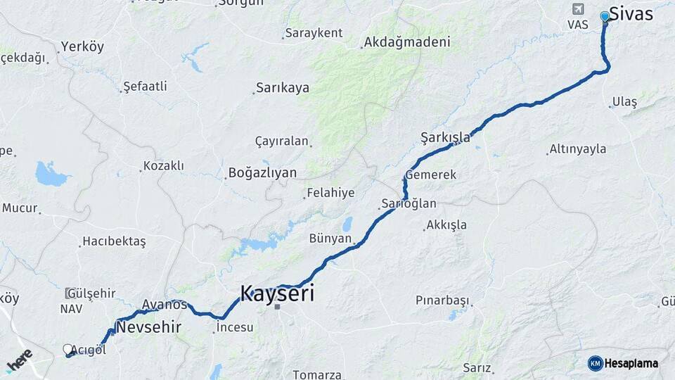 Sivas Acıgöl Nevşehir Arası Kaç Km - Yol Haritası