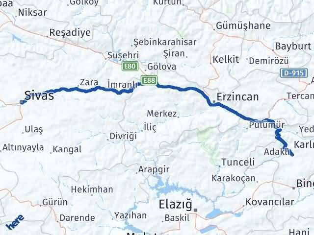 Sivas Adaklı Bingöl Arası Kaç Km - Yol Haritası