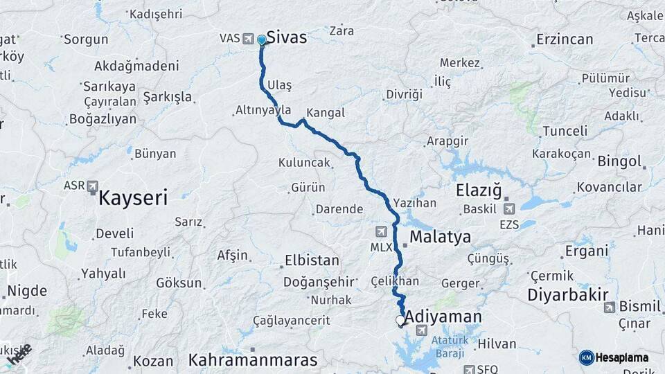 Sivas Adıyaman Arası Kaç Km - Yol Haritası