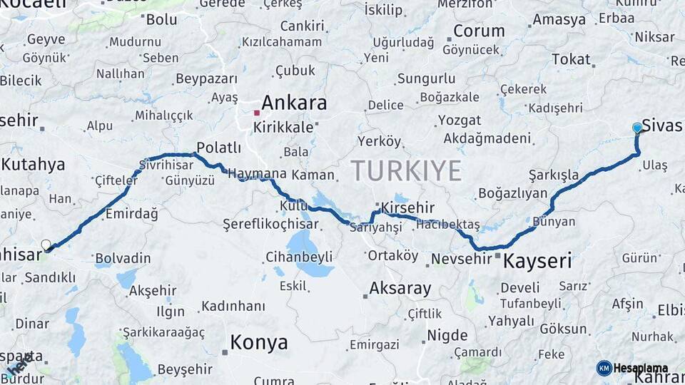 Sivas Afyonkarahisar Arası Kaç Km - Yol Haritası