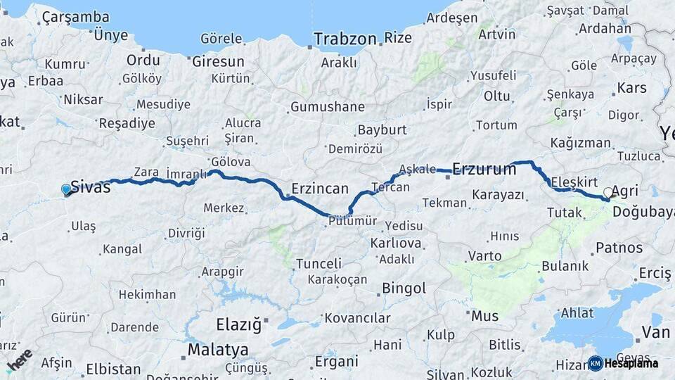 Sivas Ağrı Arası Kaç Km - Yol Haritası
