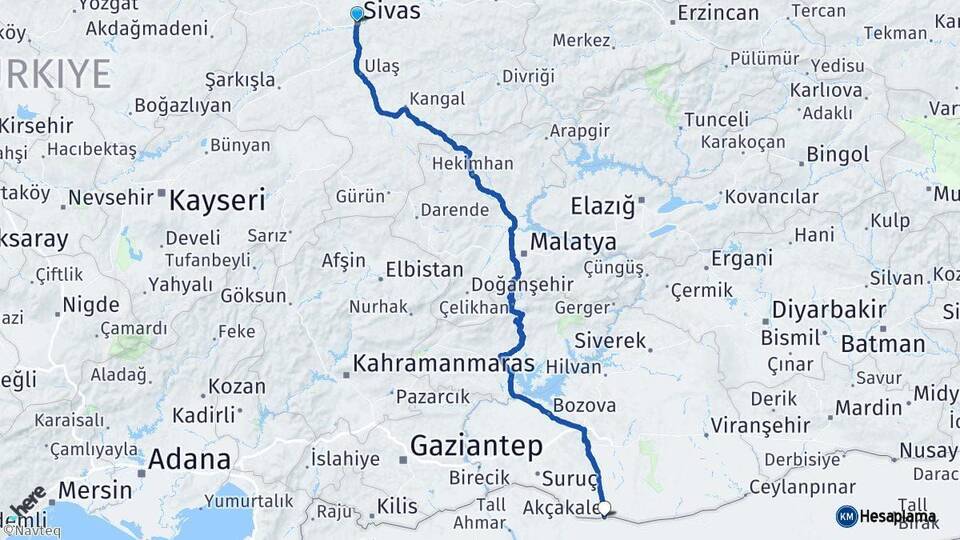 Sivas Akçakale Şanlıurfa Arası Kaç Km - Yol Haritası