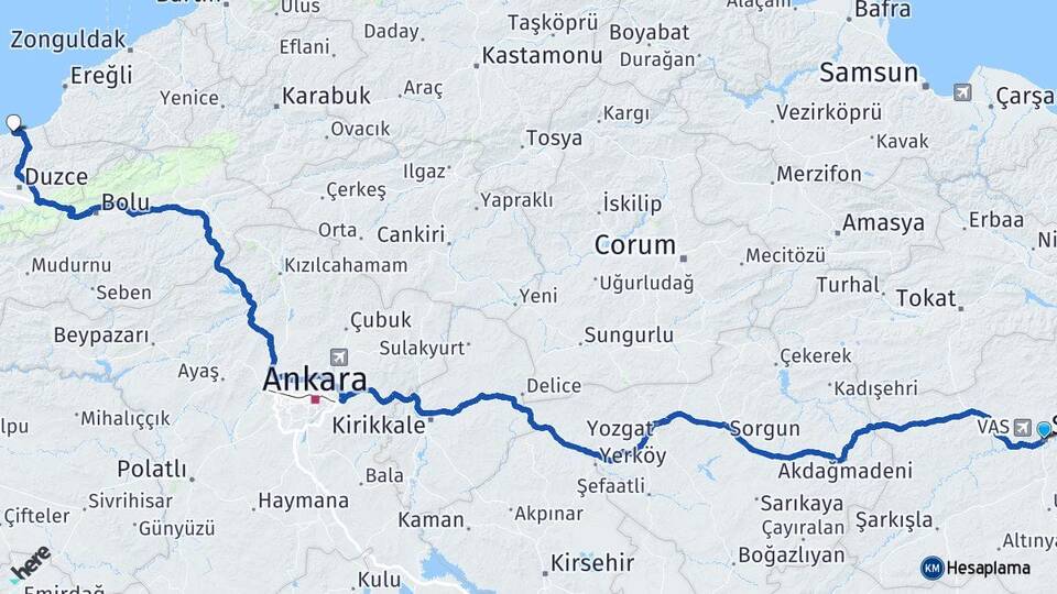 Sivas Akçakoca Düzce Arası Kaç Km - Yol Haritası