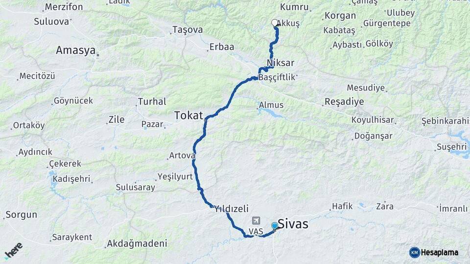 Sivas Akkuş Ordu Arası Kaç Km - Yol Haritası