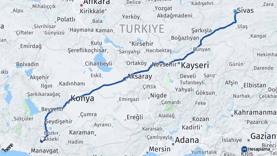 Sivas Akseki Antalya Arası Kaç Km - Yol Haritası