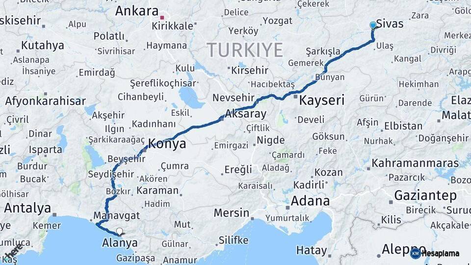 Sivas Alanya Antalya Arası Kaç Km - Yol Haritası