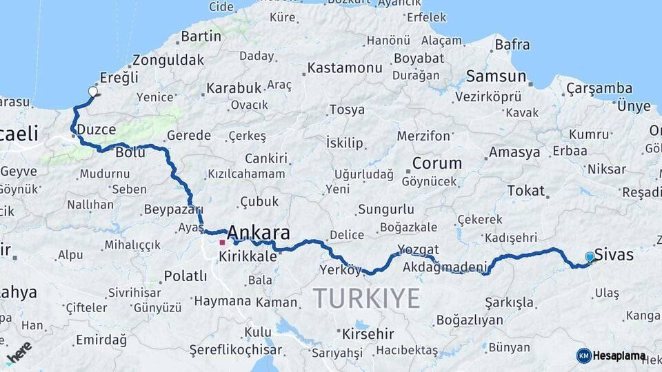 Sivas Alaplı Zonguldak Arası Kaç Km - Yol Haritası