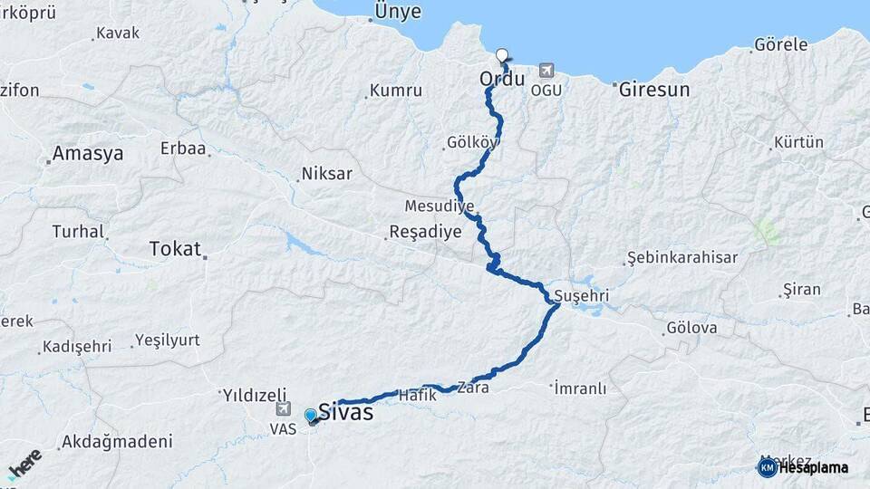 Sivas Altınordu Arası Kaç Km - Yol Haritası